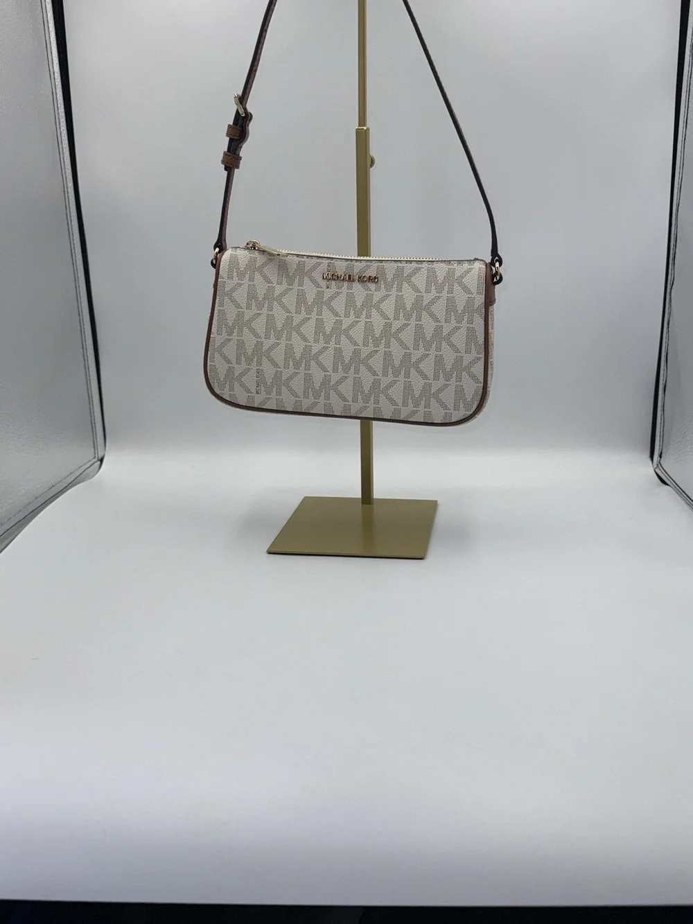 Michael Kors Beige Logo Shoulder Bag with Brown Strap